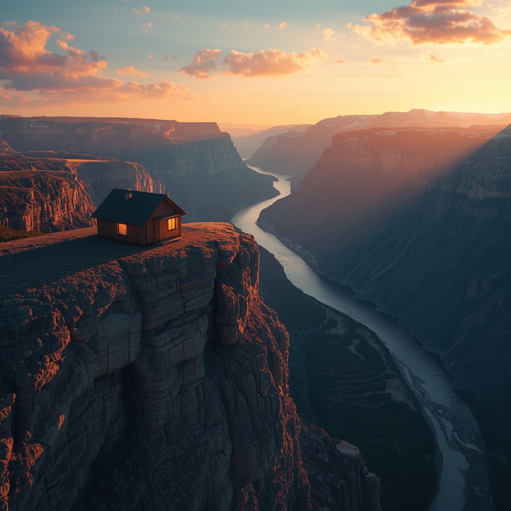 A small wooden cabin illuminated by warm golden hour light, nestled on a steep mountain cliff, overlooking a vast expansive canyon with a winding river below, hyperrealistic, nature core